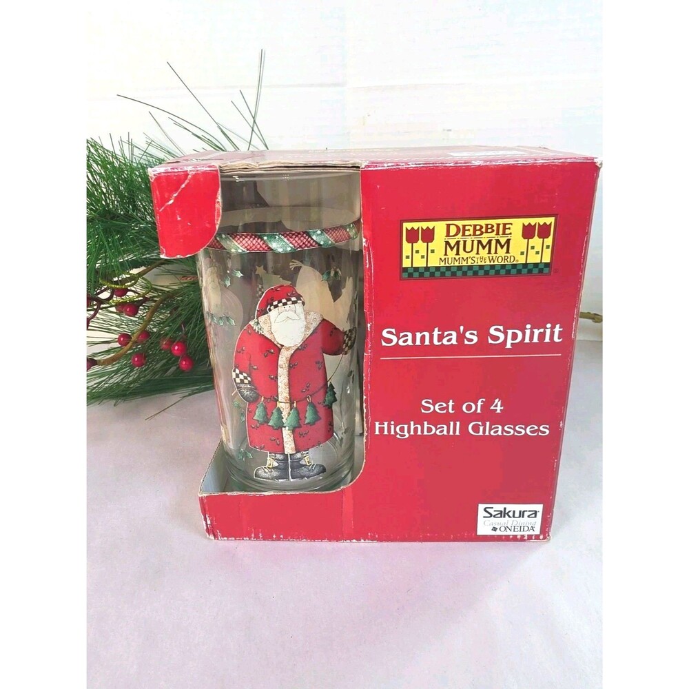 New Vtg  4 Debbie Mumm Santa's Spirit Highball Glasses Christmas Sakura Oneida